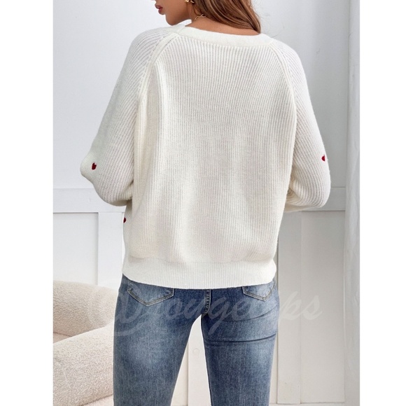 Red Hearts on Cream Knit Cardigan Oversized Long Sleeve Buttons Embroidered - Picture 5 of 15